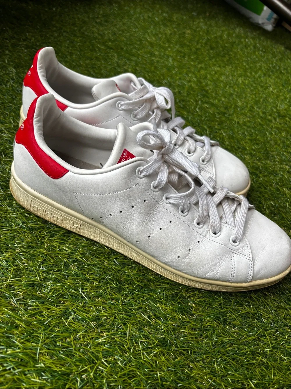 adidas Stan Smith White Leather Sneakers with Red Heel Patch